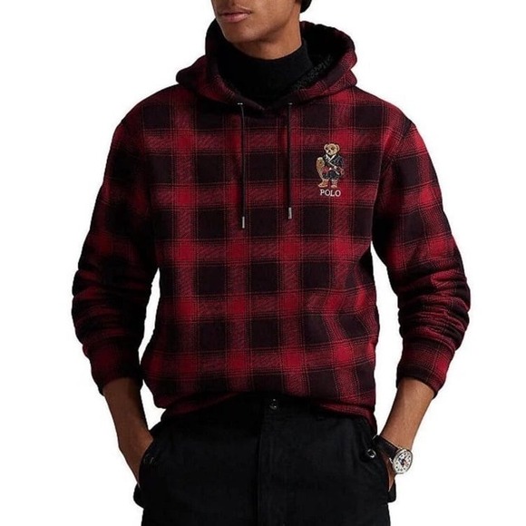 Polo Ralph Lauren Men's Plaid Polo Bear Long Sleeve Fleece Hoodie Sz XL NWT!